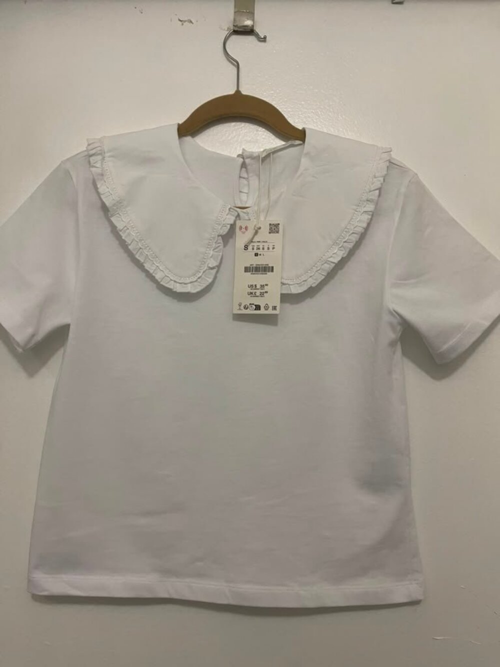 NWT Zara White Ruffle Peter Pan Statement Collar Short Sleeve Top Size S